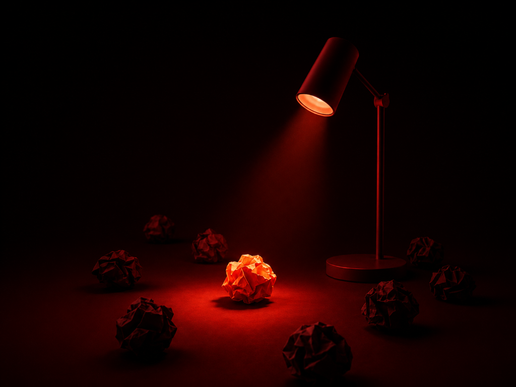 Red spotlight shining on glowing crumpled paper idea among dark ideas